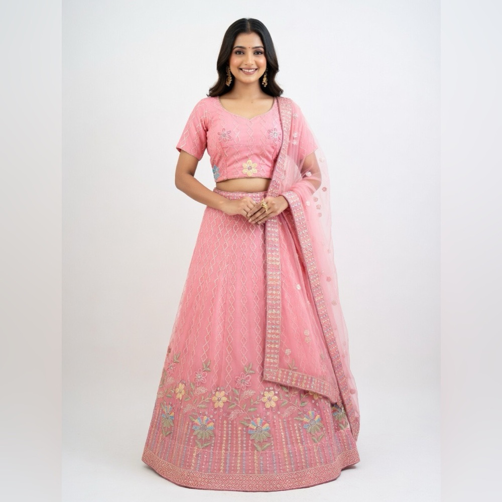 RUPEES Blush Pink Floral Embroidered Lehenga Choli 3 Piece Set